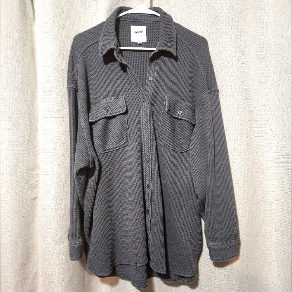 Aerie Lumber Jane Waffle Button Knit Shirt Medium Oversized